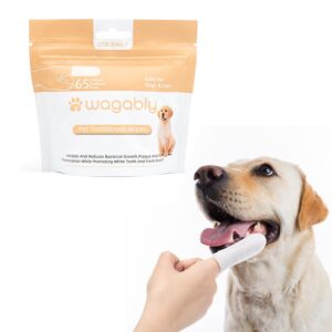 wagably pet dental wipes for dogs and cats - eliminate bad breath, plaque, and tartar - finger toothbrush design - cleans ears, eyes tear mark and paws - 65 disposable wipes - no rinsing needed