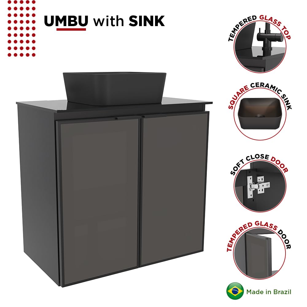 COZIMAX Umbu Combo Black Steel Bathroom Vanity Set 24" with Tempered Glass Countertop and Door, Black Square Ceramic Sink