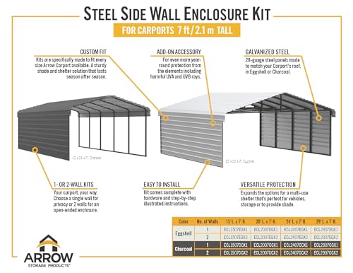 Arrow Carports Galvanized Steel Carport, with 2-Sided Enclosure, Compact Car Metal Carport Kit, 10' x 15' x 7', Eggshell