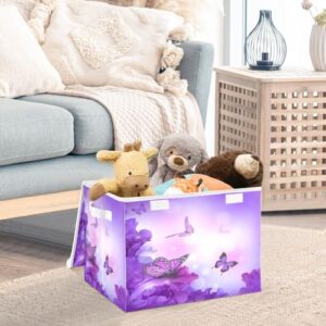 DIGTIA Storage Bins with Lids Butterfly Hydrangeas Purple Foldable Storage Boxes with Handles Spring Large Storage Basket Collapsible Organizer Containers for Closet Home Bedroom Office