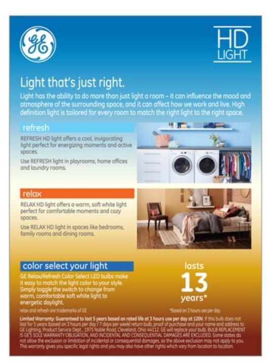 GE Lighting (4 Bulbs) GE Relax/Refresh LED A19 Color Select Light Bulb, Choose Either Soft White Relax or Cool White Refresh, Toggle Switch on Bulb, HD Light, 450 lumens, dimmable, Medium Base