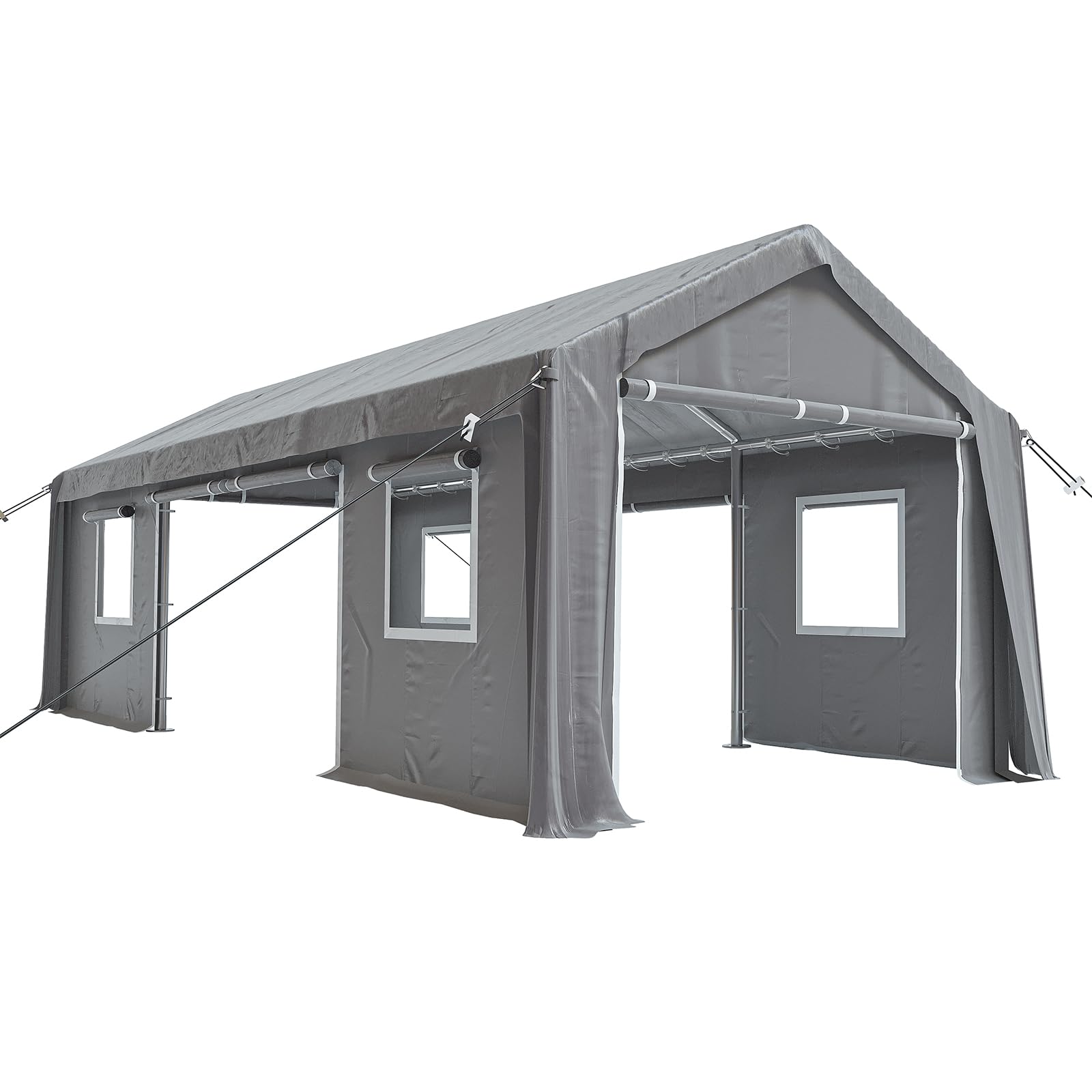 12'x20'Heavy Duty Carport Canopy Portable Garage 4 Roll-up Doors & 4 Windows All-Season Tarp for Car Truck Boat Storage, Gray