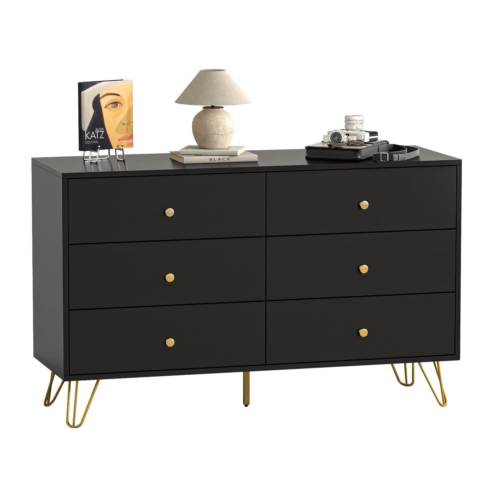 Tradare Black Dresser for Bedroom, 6 Drawer Dresser with Golden Handles, Large Storage Cabinet, Modern Chest of Drawers Organizer Storage for Hallyway, Entryway