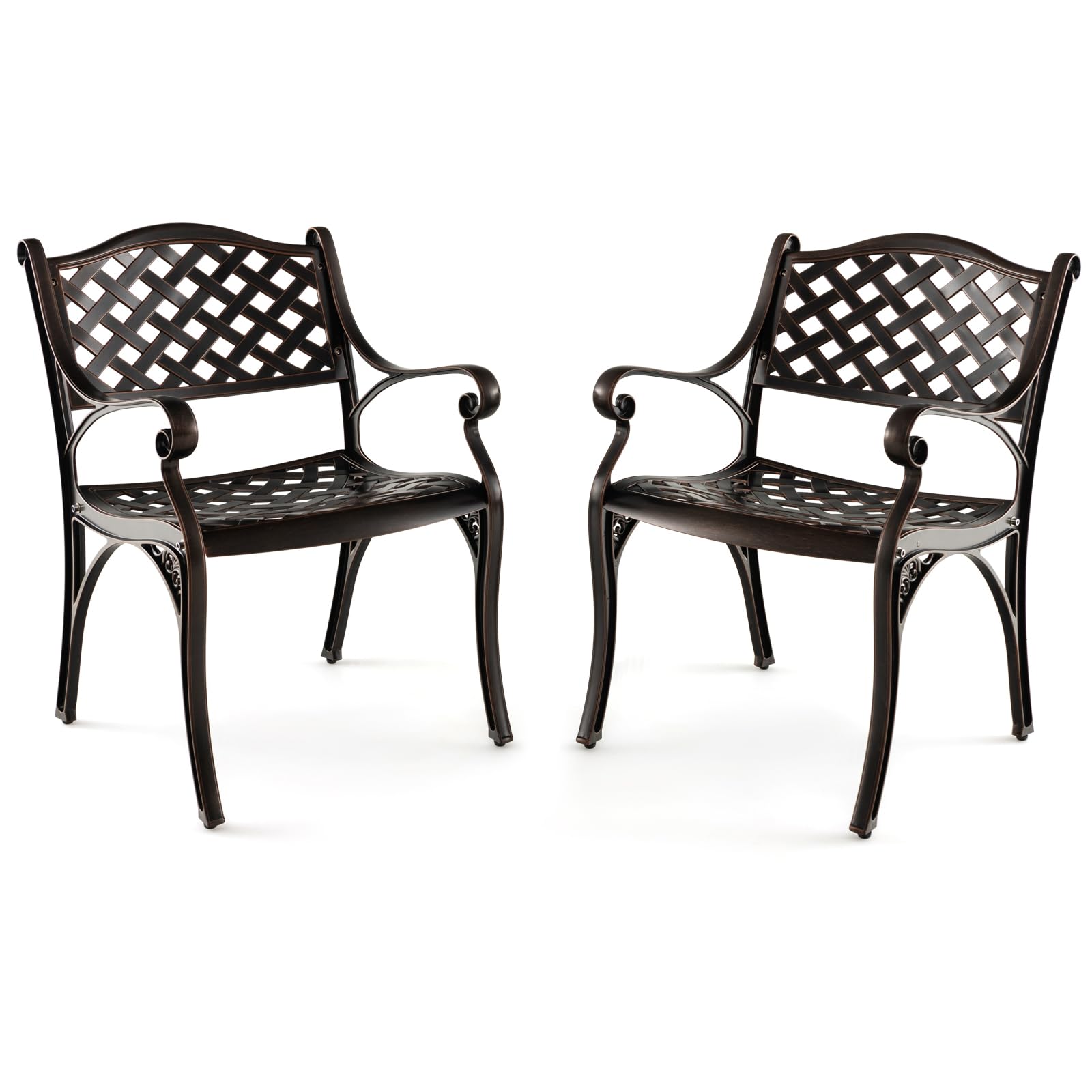 Giantex Cast Aluminum Patio Chairs Set of 2, All Weather Outdoor Dining Chairs w/Armrests and Curved Seats, Heavy Duty Metal Bistro Chairs for Porch, Garden, Poolside, Backyard, Bronze (Classic, 1)