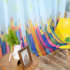 52 Wide Cartoon Crayon Graphic Print Lovely 2 Panels Sheer Curtains Living Room Voile Rod Pocket Top Style