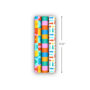 Hallmark Birthday Wrapping Paper Mini Rolls, 3-Pack (Rainbow Block Letters, Stripes, Exclamation Points) for Birthdays, Graduations, Celebrations, Any Occasion - 45 Sq. Ft. Total