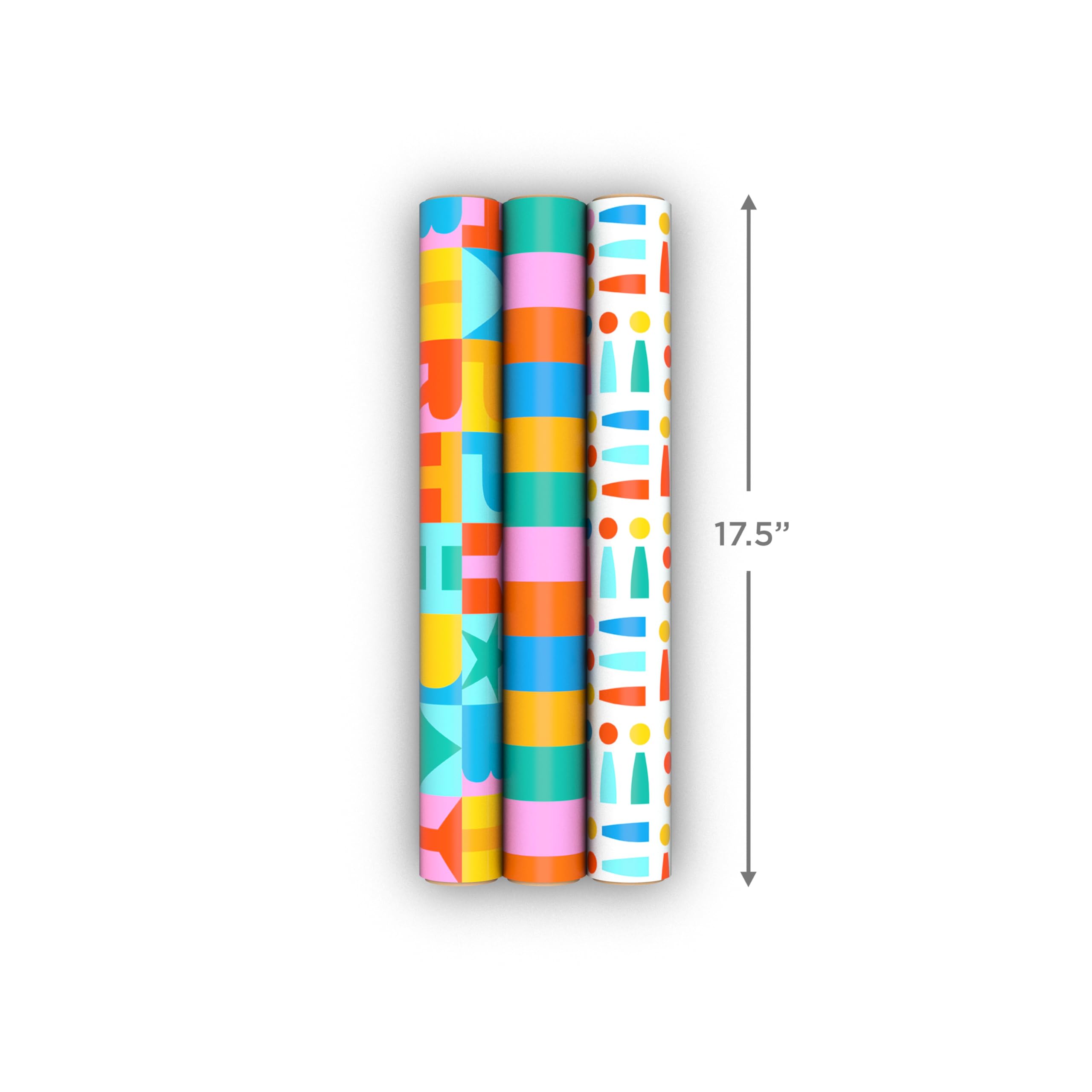 Hallmark Birthday Wrapping Paper Mini Rolls, 3-Pack (Rainbow Block Letters, Stripes, Exclamation Points) for Birthdays, Graduations, Celebrations, Any Occasion - 45 Sq. Ft. Total