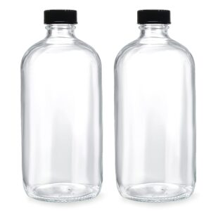 (2 pack) - 32 oz clear glass boston round bottles with black 33-400 airtight phenolic polycone caps - perfect glass containers for secondary fermentation, storing condiment, homemade essential oils