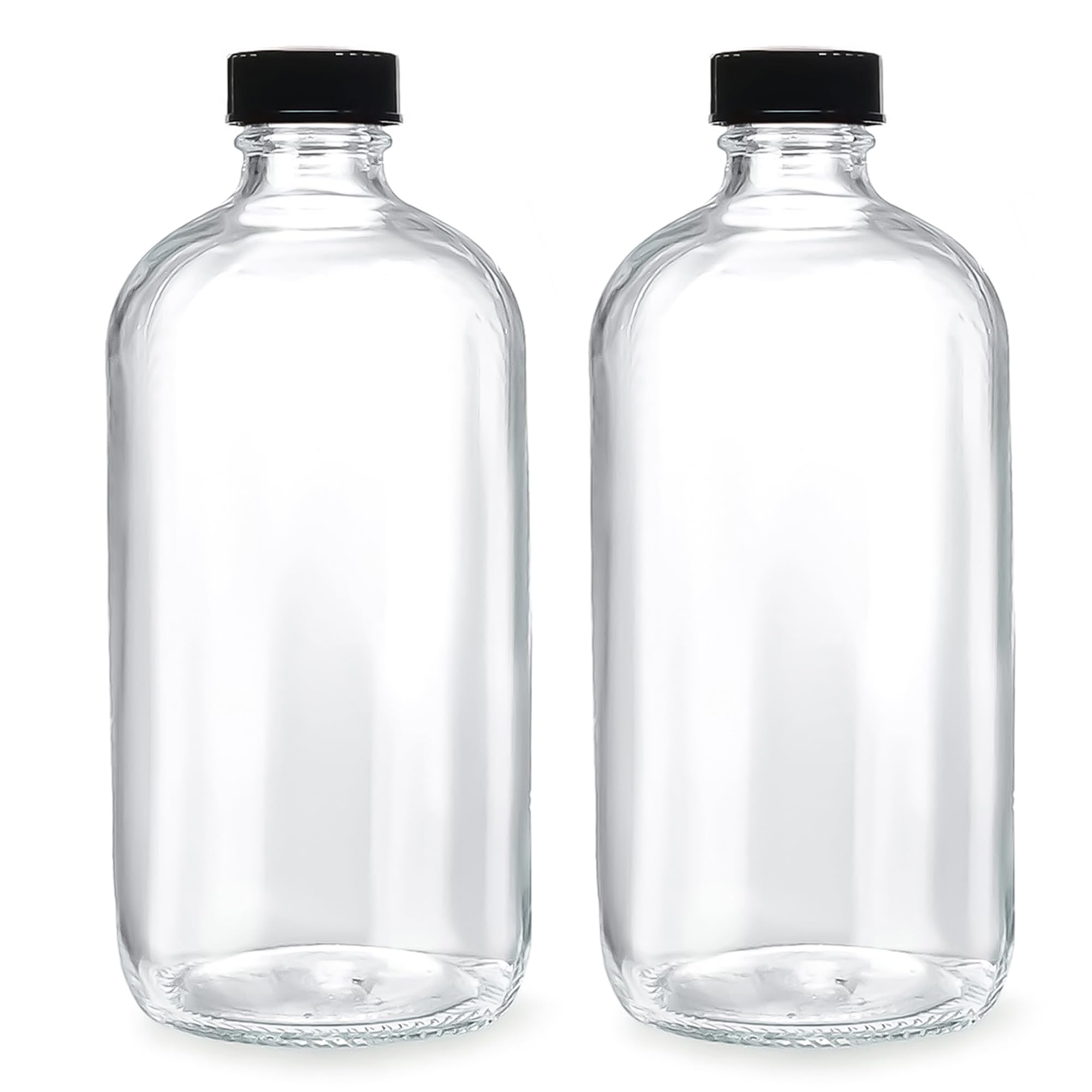 (2 Pack) - 32 oz Clear Glass Boston Round Bottles with Black 33-400 Airtight Phenolic Polycone Caps - Perfect Glass Containers for Secondary Fermentation, Storing condiment, Homemade Essential Oils