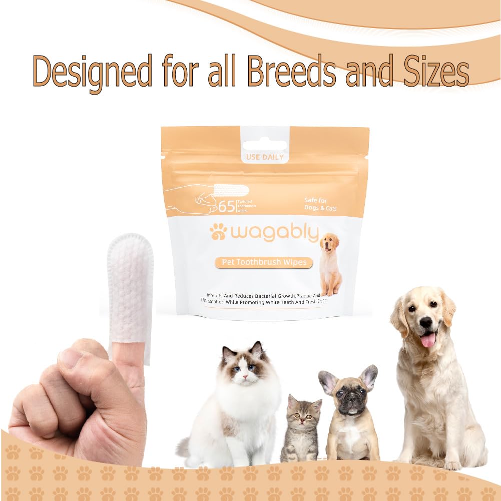 Wagably Pet Dental Wipes for Dogs and Cats - Eliminate Bad Breath, Plaque, and Tartar - Finger Toothbrush Design - Cleans Ears, Eyes Tear Mark and Paws - 65 Disposable Wipes - No Rinsing Needed