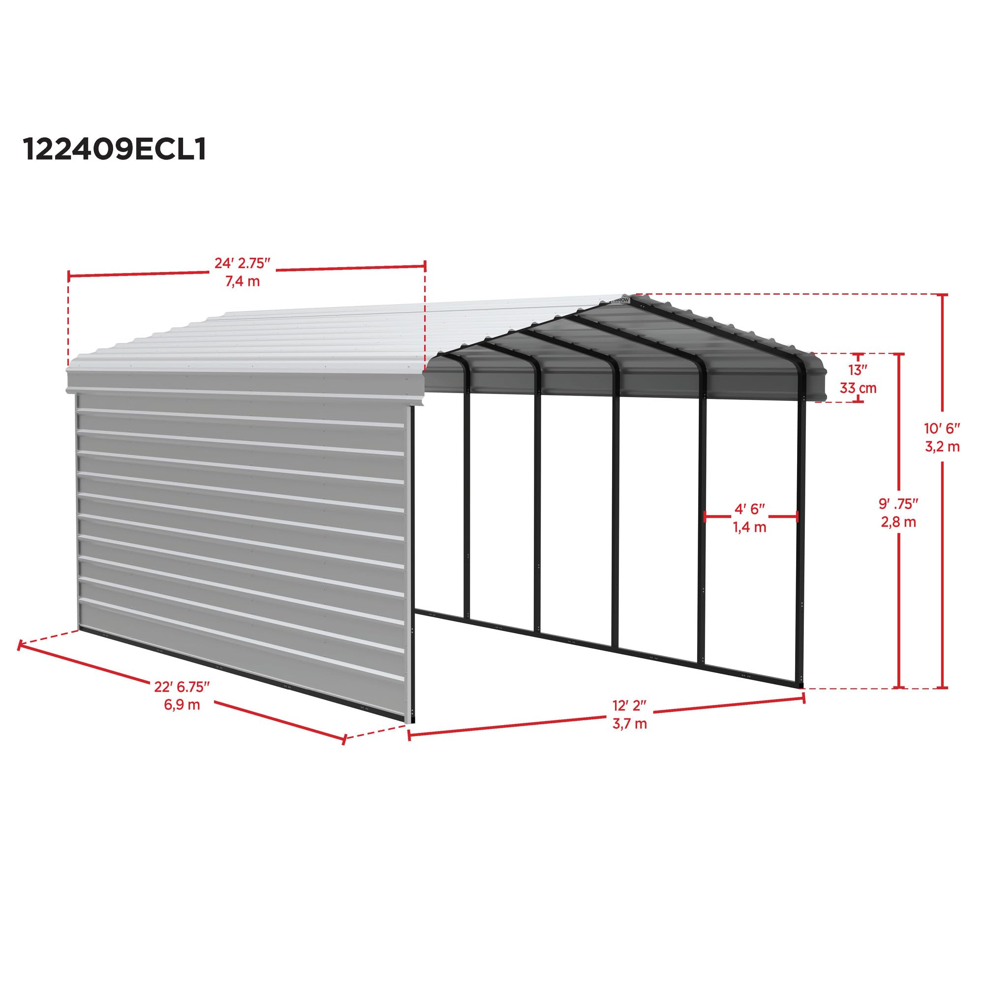 Arrow Carports Galvanized Steel Carport, with 1-Sided Enclosure, Compact Car Metal Carport Kit, 12' x 24' x 9', Charcoal