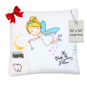 liv & oak tooth fairy pillow - large 10” x 10” plush pillow w/3” x 3” embroidered pocket for lost teeth - fairy design, non-toxic 100% polyester - perfect keepsake gift for boys & girls