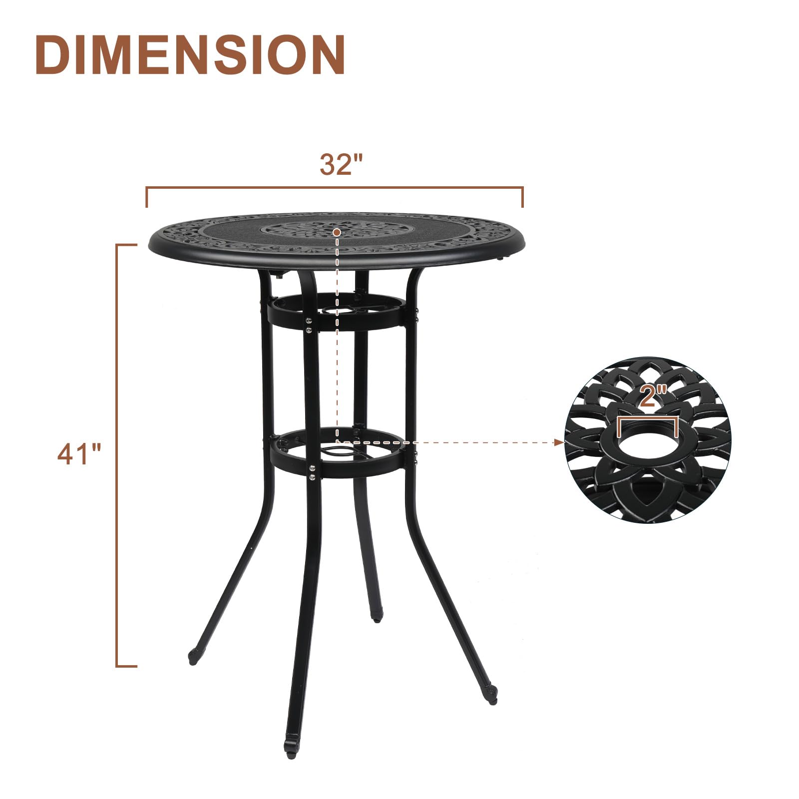 VINGLI Outdoor Bar Table, Cast Aluminum Bar Height Patio Table with Umbrella Hole Patio Dining Table, Tall Outdoor Table Bistro Table Outdoor Furniture Garden Table 32" Dia x 41 H (Black)