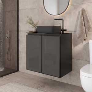 cozimax umbu combo black steel bathroom vanity set 24" with tempered glass countertop and door, black square ceramic sink