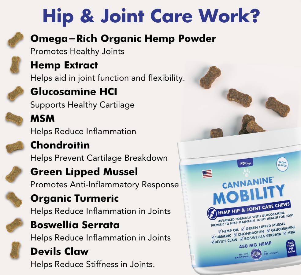 iHeartDogs Hip & Joint Hemp Supplement for Dogs - Advanced 8-in-1 Dog Joint Chews with Glucosamine, Chondroitin, Turmeric, Devil's Claw, Green Lipped Mussel, Hemp, Yucca, Boswellia & MSM 90 CT