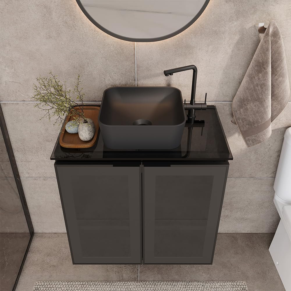 COZIMAX Umbu Combo Black Steel Bathroom Vanity Set 24" with Tempered Glass Countertop and Door, Black Square Ceramic Sink