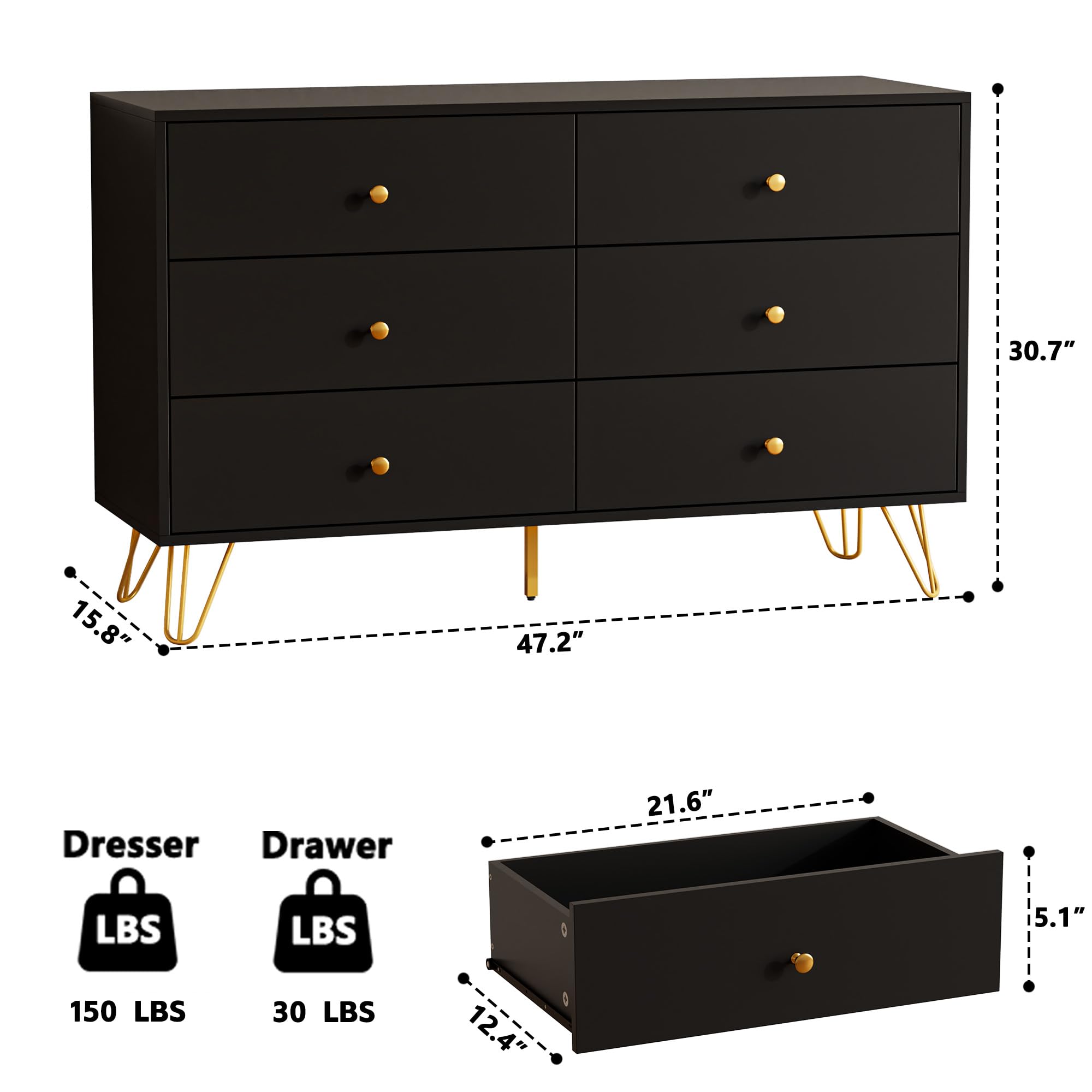 Tradare Black Dresser for Bedroom, 6 Drawer Dresser with Golden Handles, Large Storage Cabinet, Modern Chest of Drawers Organizer Storage for Hallyway, Entryway