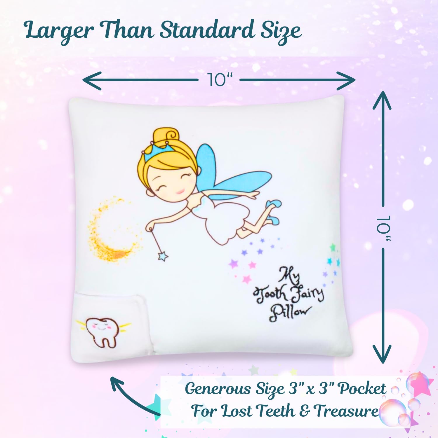 Liv & Oak Tooth Fairy Pillow - Large 10” x 10” Plush Pillow W/3” x 3” Embroidered Pocket for Lost Teeth - Fairy Design, Non-Toxic 100% Polyester - Perfect Keepsake Gift for Boys & Girls