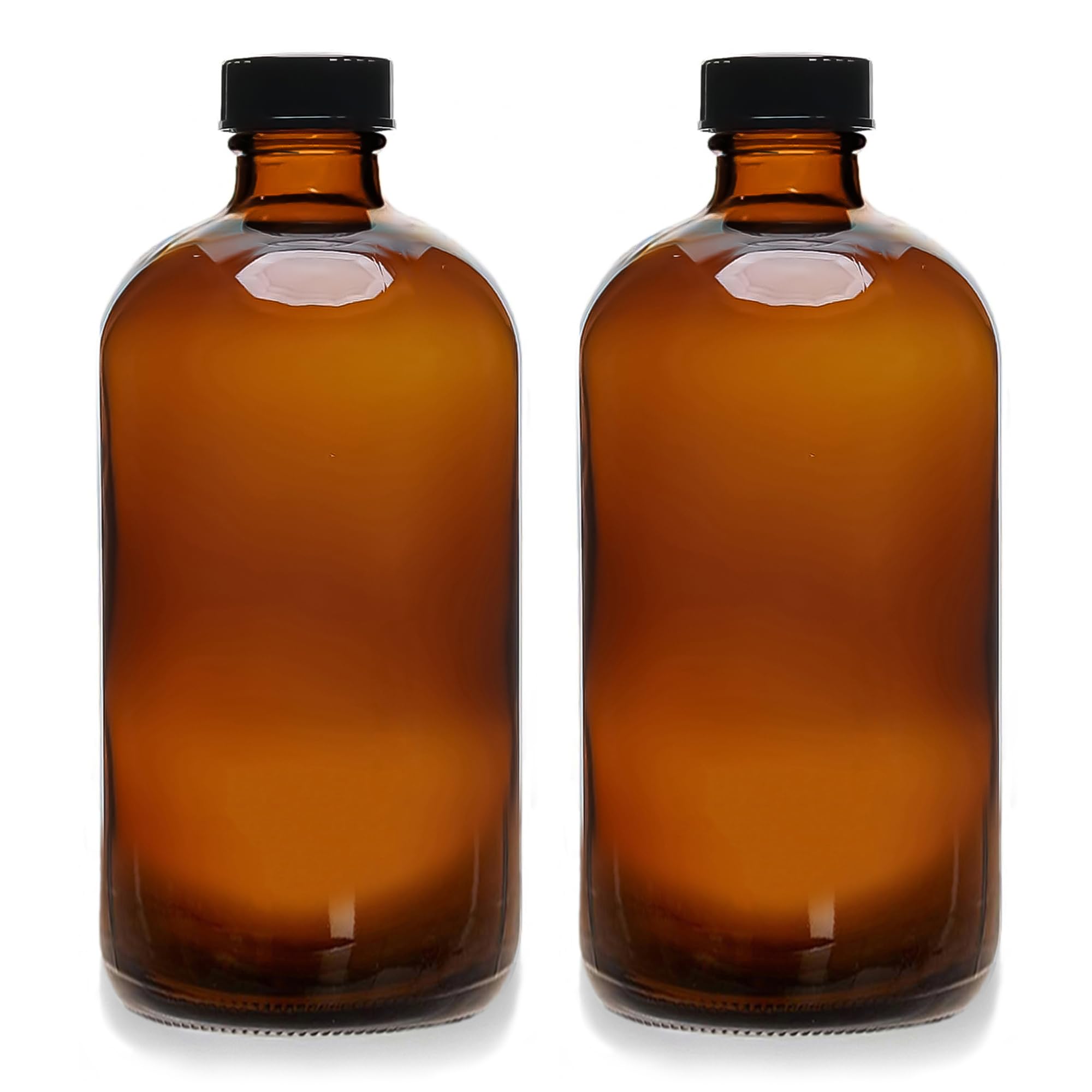 (2 Pack) - 32 oz Amber Glass Boston Round Bottles with Black 33-400 Airtight Phenolic Polycone Caps - Perfect Glass Containers for Secondary Fermentation, Storing condiment, Homemade Essential Oils