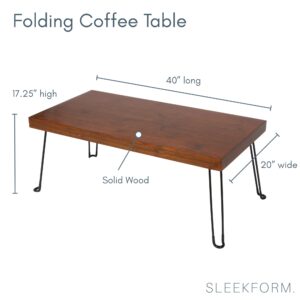 Sleekform Folding Wooden Coffee Table - Collapsible 20x40 Light Wood Mini Desk - Lightweight Foldable Coffee Tables for Small Spaces - Fold Up Hairpin Legs - Walnut Wood Finish