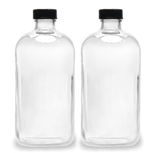 (2 Pack) - 32 oz Clear Glass Boston Round Bottles with Black 33-400 Airtight Phenolic Polycone Caps - Perfect Glass Containers for Secondary Fermentation, Storing condiment, Homemade Essential Oils