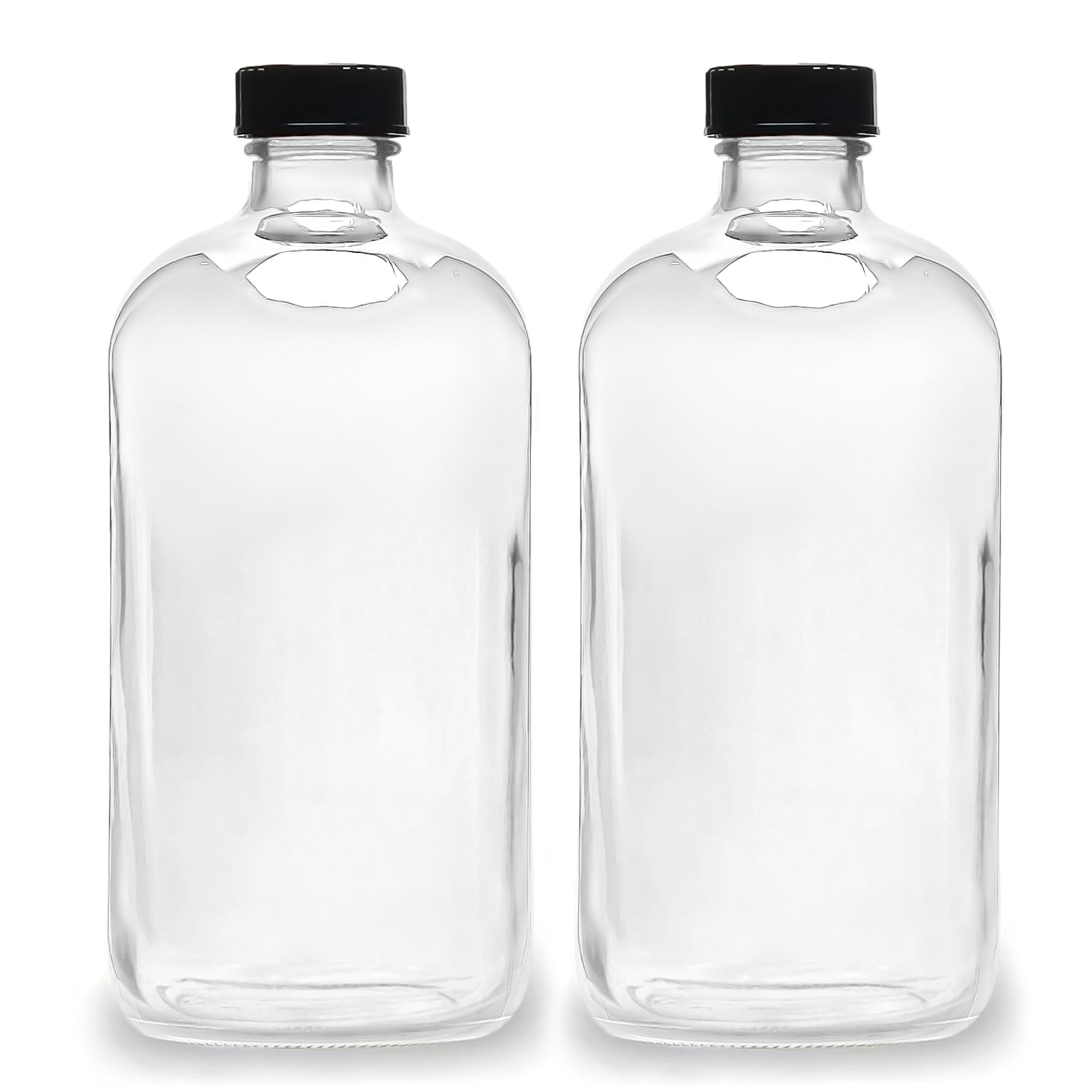 (2 Pack) - 32 oz Clear Glass Boston Round Bottles with Black 33-400 Airtight Phenolic Polycone Caps - Perfect Glass Containers for Secondary Fermentation, Storing condiment, Homemade Essential Oils