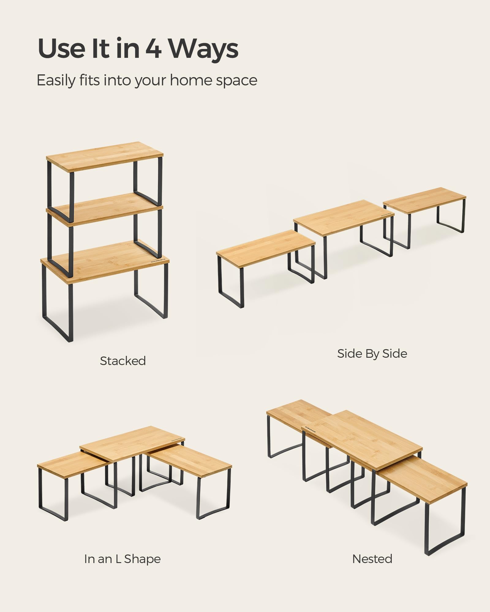 SONGMICS Cabinet Organizer Shelf, Set of 3 Kitchen Counter Shelves, Kitchen Storage, Spice Rack, Stackable, Expandable, Metal and Bamboo, Ink Black and Natural Beige UKCS014B01