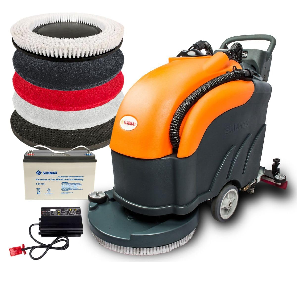 SUNMAX Walk-behind Floor Scrubber Dryer with 22" Scrub Path, 14.5-Gal Recovery Tank, Includes Heavy Duty Brush, Red, Black and White Pads, 30000 Sqft/h