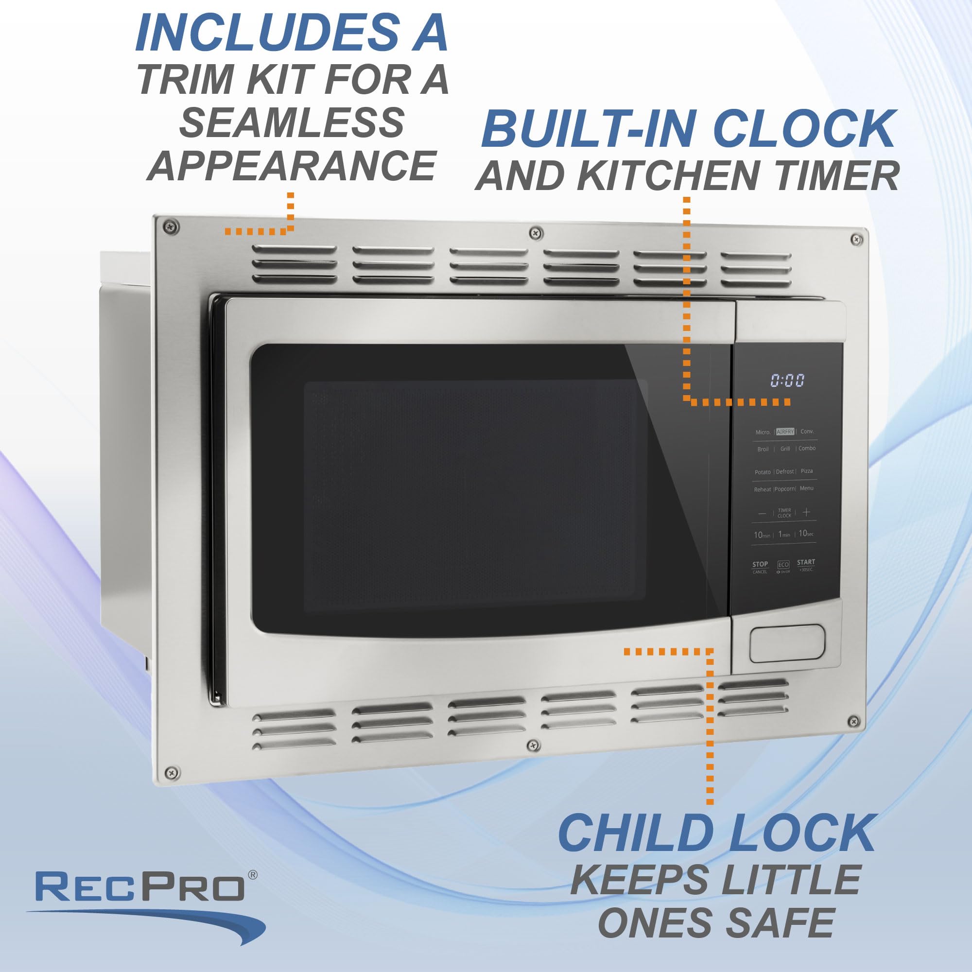 RecPro RV Kitchen Air Fryer & Convection Microwave with Trim Kit | 1.0 Cu. Ft. | 120V | 6 Cooking Modes (Stainless Steel)