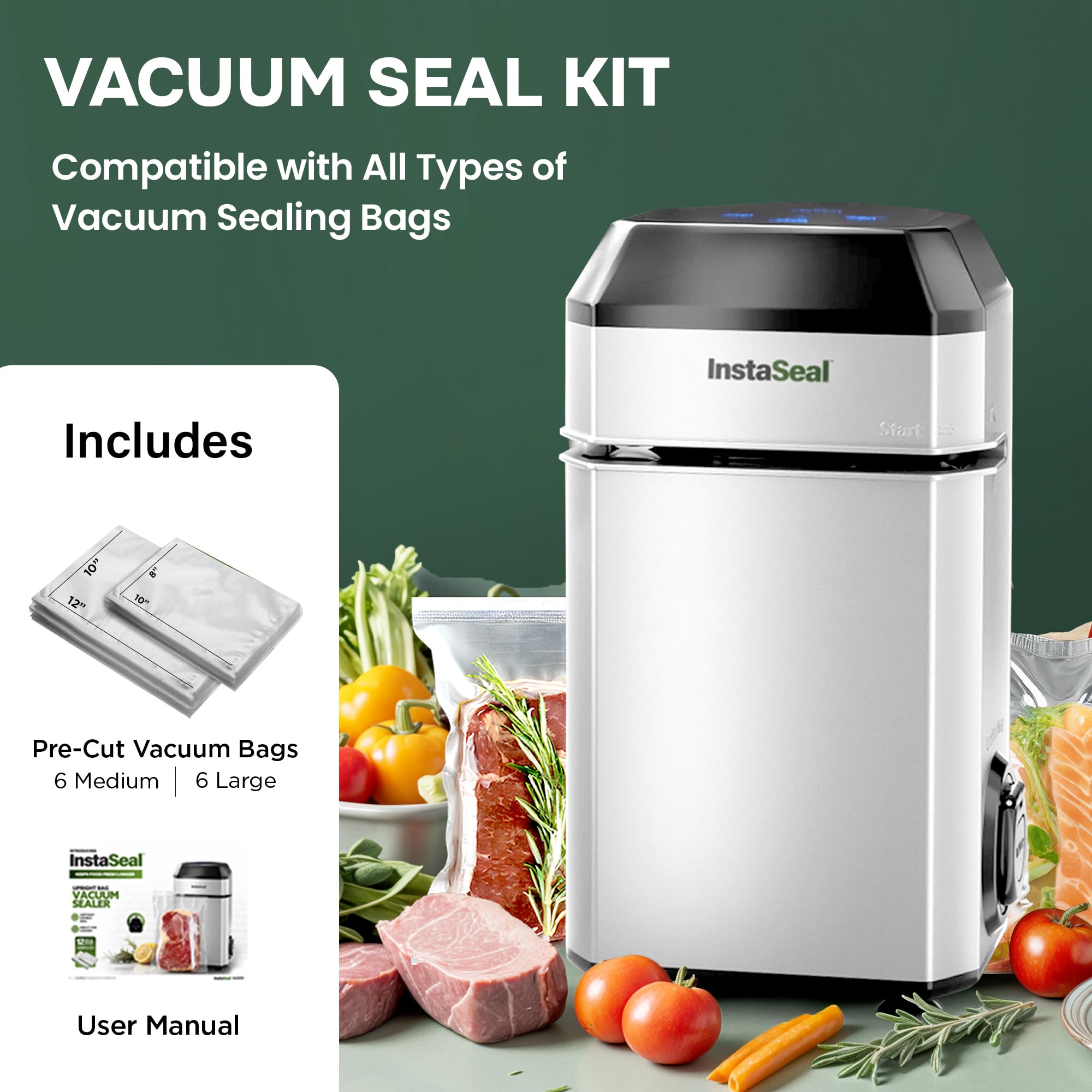 InstaSeal Food Vacuum Sealer Machine with 12 Bags, Patented Upright Food Saver Vacuum Sealer Machine Allows to Vacuum Seal Liquids, Food Sealer Vacuum Sealer for Food Saves & Keeps Food Fresh Longer