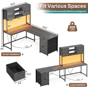 SEDETA L Shaped Gaming Desk, Reversible Computer Desk with Fabric Drawers and Power Outlet, Gaming Desk with Led Lights, Hutch and Storage Shelf for Home Office, Grey