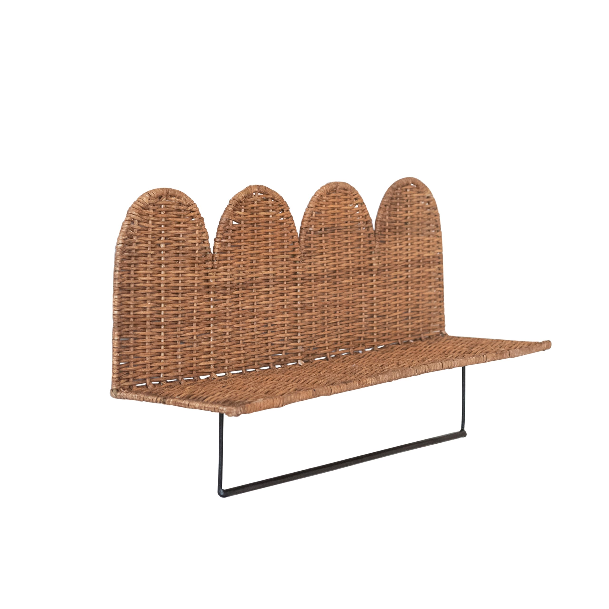 Creative Co-Op Rattan Wicker Wall Shelf with Scalloped Edge and Metal Rod, Natural