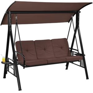 yaheetech 3-seat outdoor patio swing chair, deluxe outdoor patio porch swing with weather resistant steel frame, adjustable tilt canopy for patio garden poolside balcony backyard, dark brown