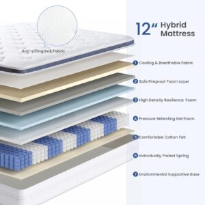 Dourxi Twin Mattress, 12 inch Hybrid Twin Size Mattress Gel Memory Foam for Pressure Relief with Waterproof Mattress Protector Included, Medium Plush