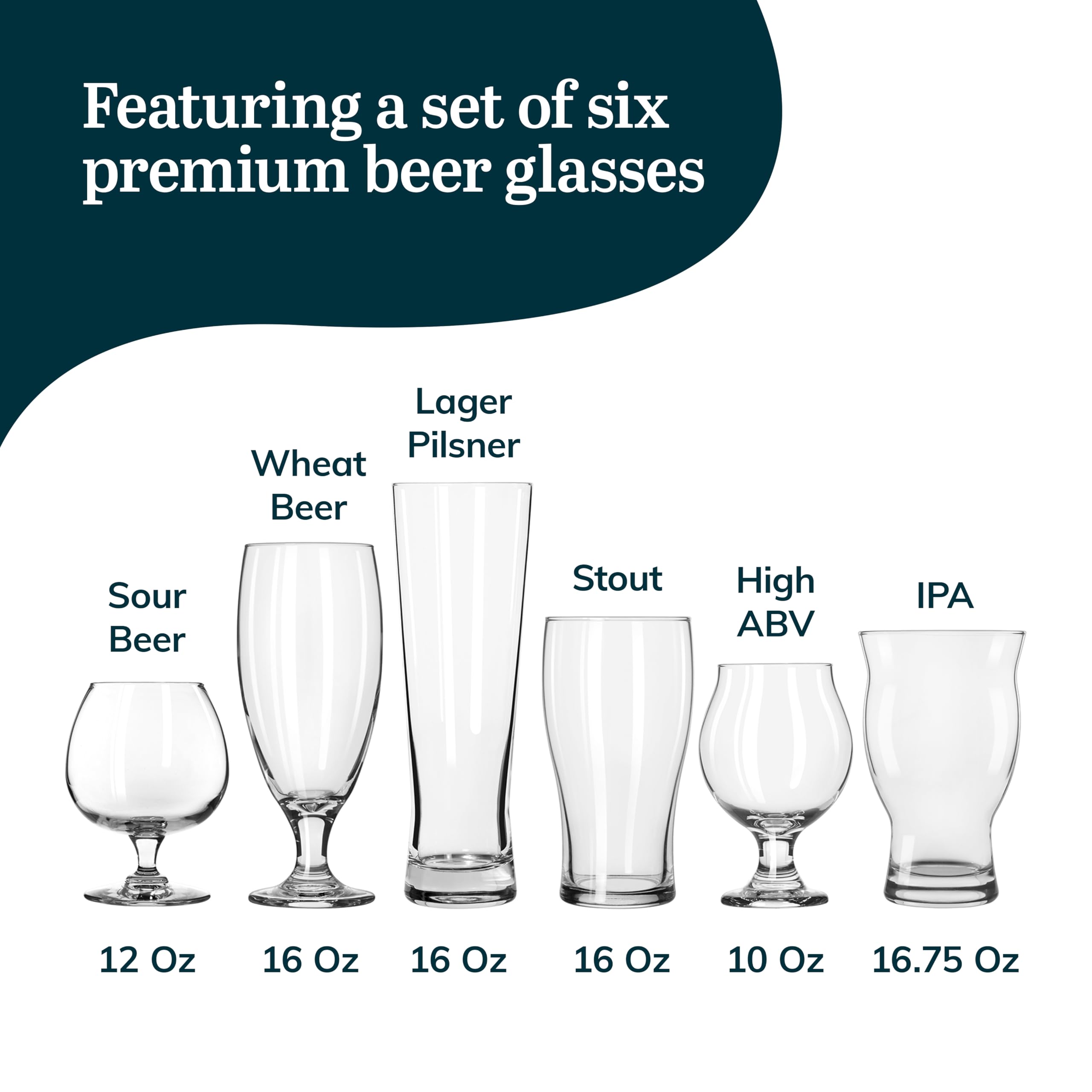 Libbey Craft Brews Assorted Beer Glasses Set of 6, Versatile, Premium Beer Glass Set, Craft Beer Glasses for Pilsner, Stout, Lager, IPA & More