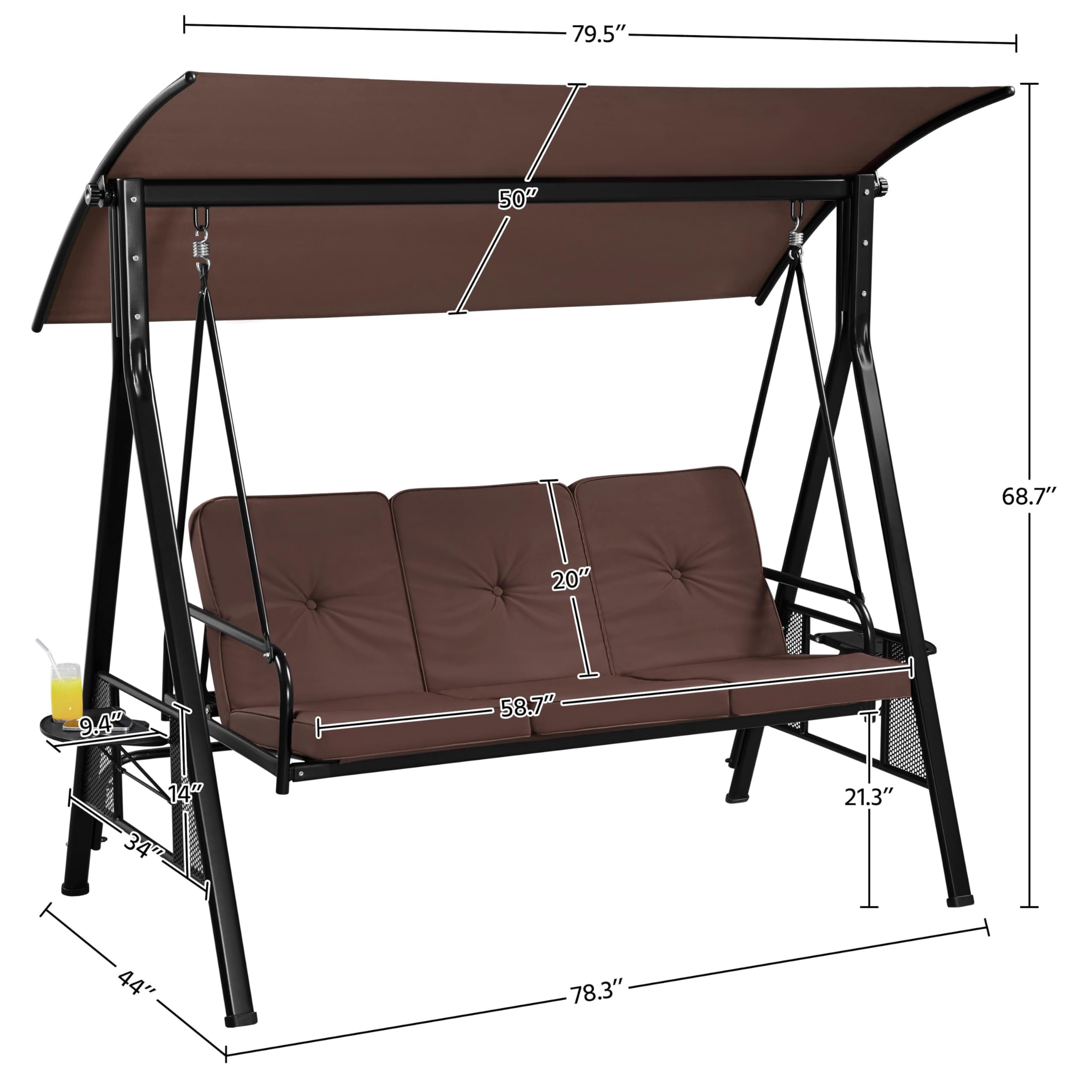 Yaheetech 3-Seat Outdoor Patio Swing Chair, Deluxe Outdoor Patio Porch Swing with Weather Resistant Steel Frame, Adjustable Tilt Canopy for Patio Garden Poolside Balcony Backyard, Dark Brown