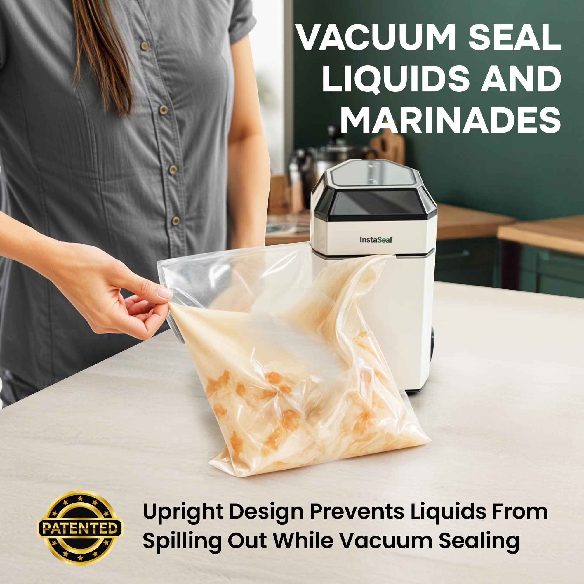 InstaSeal Food Vacuum Sealer Machine with 12 Bags, Patented Upright Food Saver Vacuum Sealer Machine Allows to Vacuum Seal Liquids, Food Sealer Vacuum Sealer for Food Saves & Keeps Food Fresh Longer