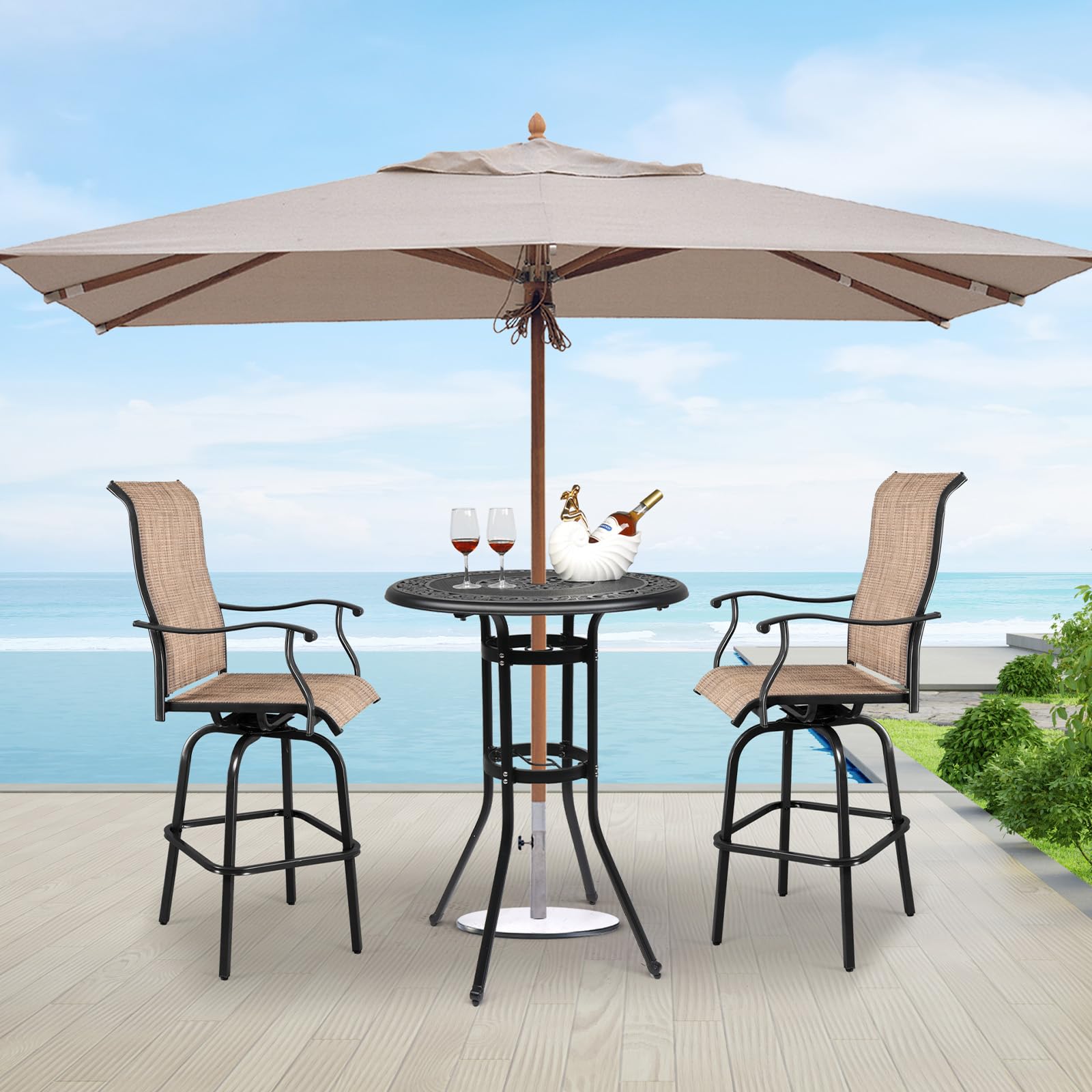 VINGLI Outdoor Bar Table, Cast Aluminum Bar Height Patio Table with Umbrella Hole Patio Dining Table, Tall Outdoor Table Bistro Table Outdoor Furniture Garden Table 32" Dia x 41 H (Black)