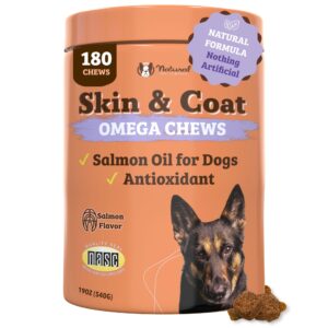 natural dog company skin & coat chews, salmon & peas flavor, dog vitamins and supplements for healthy skin & coat, itch relief for dogs with allergies, with biotin, vitamin e, omega 3, 180 count