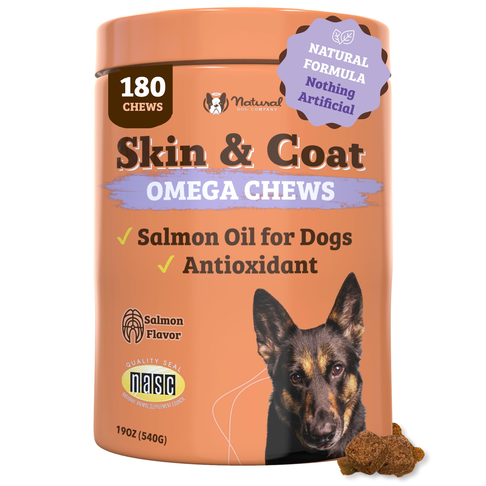 Natural Dog Company Skin & Coat Chews, Salmon & Peas Flavor, Dog Vitamins and Supplements for Healthy Skin & Coat, Itch Relief for Dogs with Allergies, with Biotin, Vitamin E, Omega 3, 180 Count