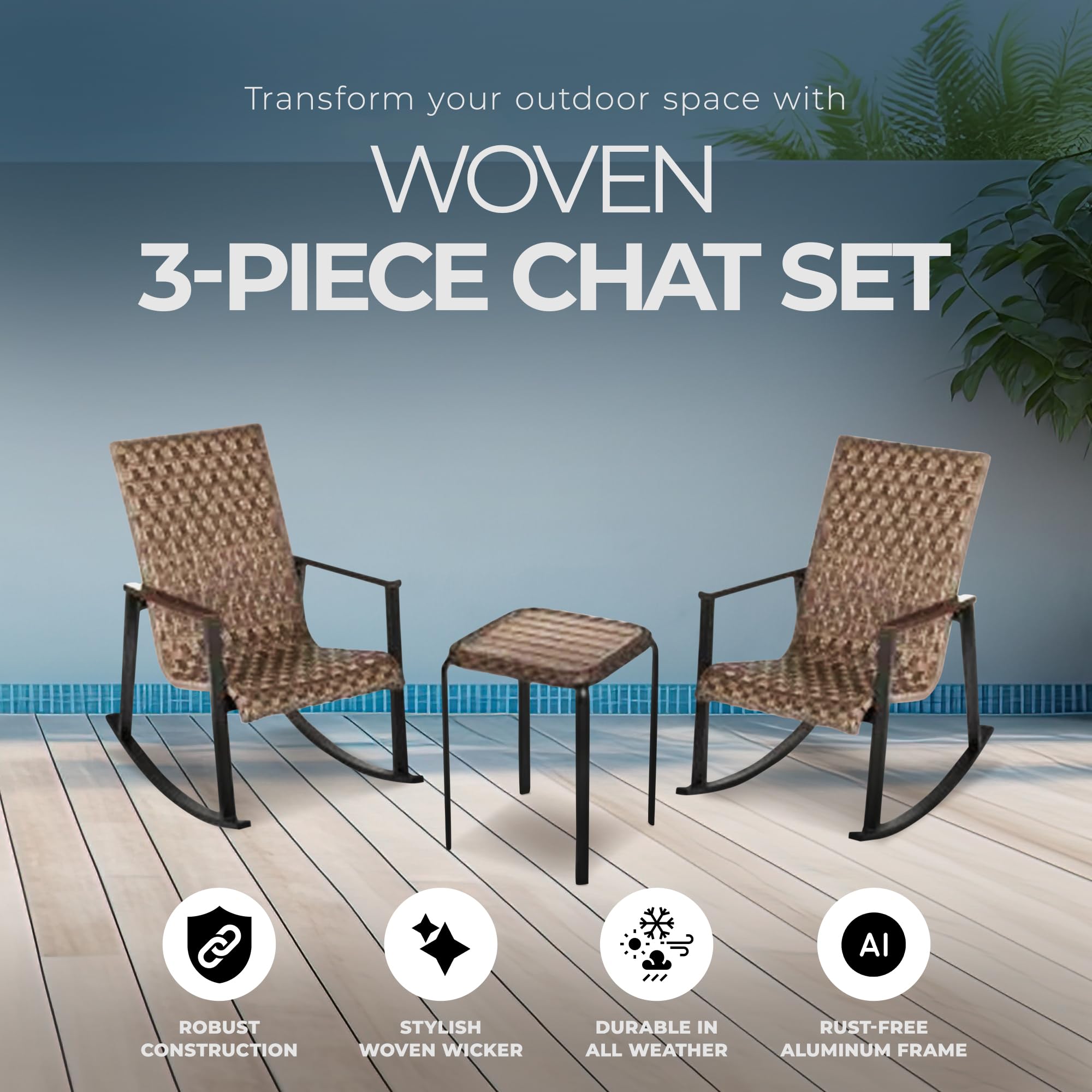 Four Seasons Courtyard Bayside 3 Piece Woven Wicker Patio Furniture Outdoor Seating Conversation Set with 2 Patio Chairs and Table, Brown