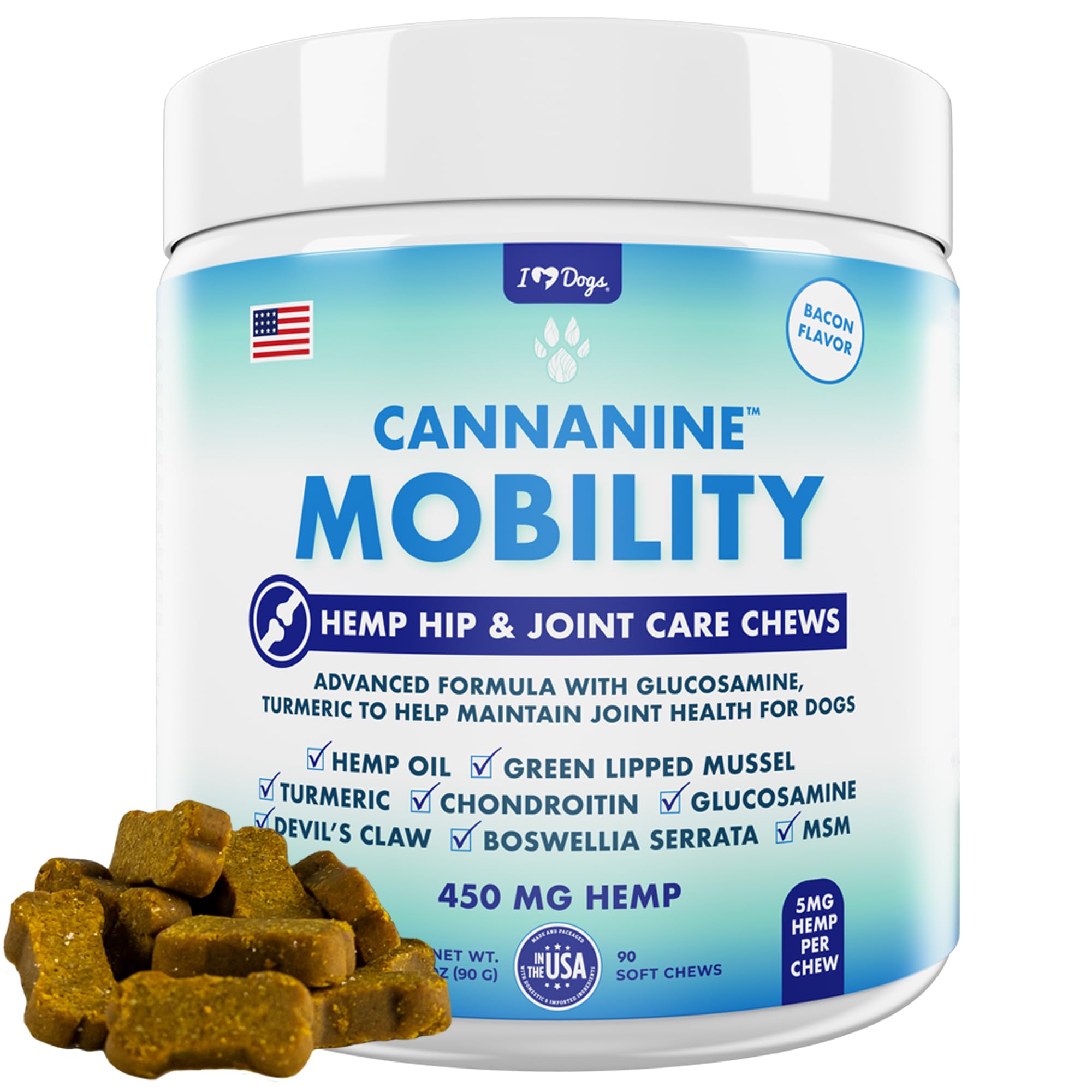 iHeartDogs Hip & Joint Hemp Supplement for Dogs - Advanced 8-in-1 Dog Joint Chews with Glucosamine, Chondroitin, Turmeric, Devil's Claw, Green Lipped Mussel, Hemp, Yucca, Boswellia & MSM 90 CT