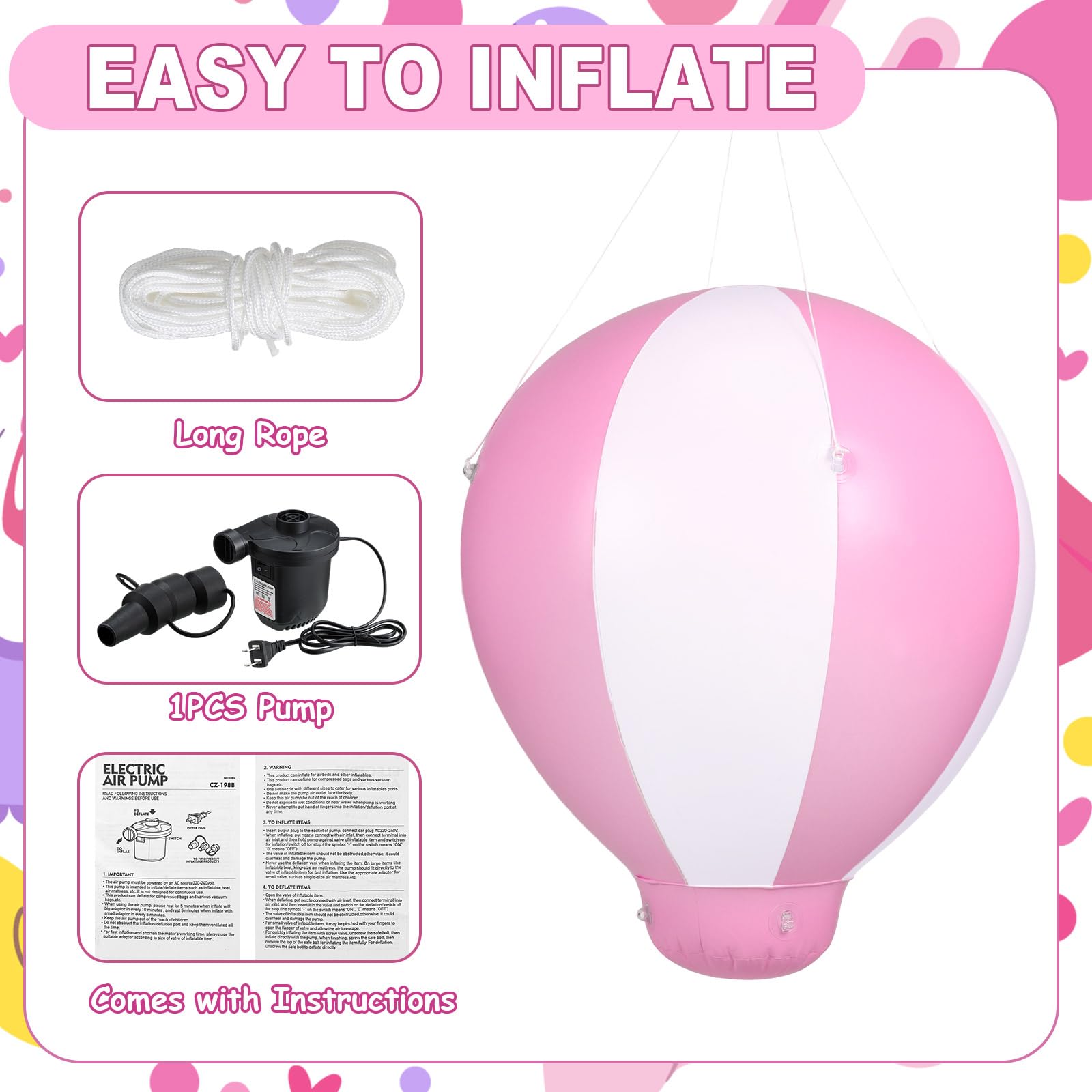 Syhood Half Hot Air Balloon with Air Pump Inflatable Baby Shower Party Hanging Balloon for Girls Boys Baby Indoor Outdoor Decoration for Kids Birthday Nursery Wedding Exhibitions (Pink,5 ft)