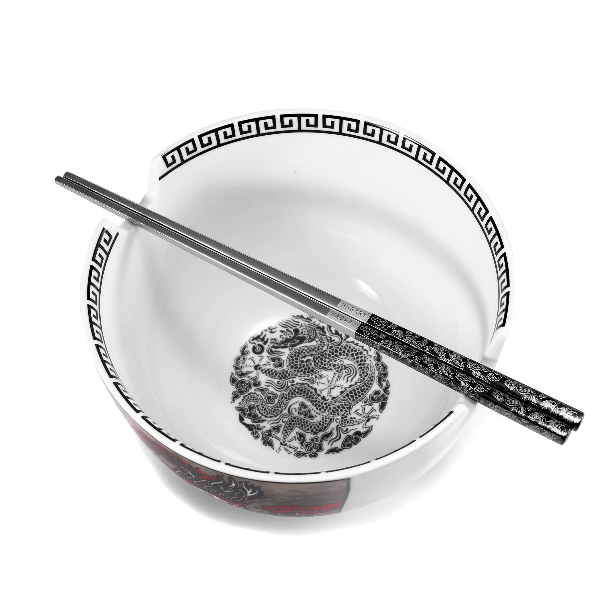 Hagary Dragon Ramen Bowl with Chopsticks Ceramic Bowl Stainless Steel Chopsticks Japanese Style Udon Miso Noodle Soup Bowls Housewarming Wedding Gifts Designed in Korea (Black, 30oz)