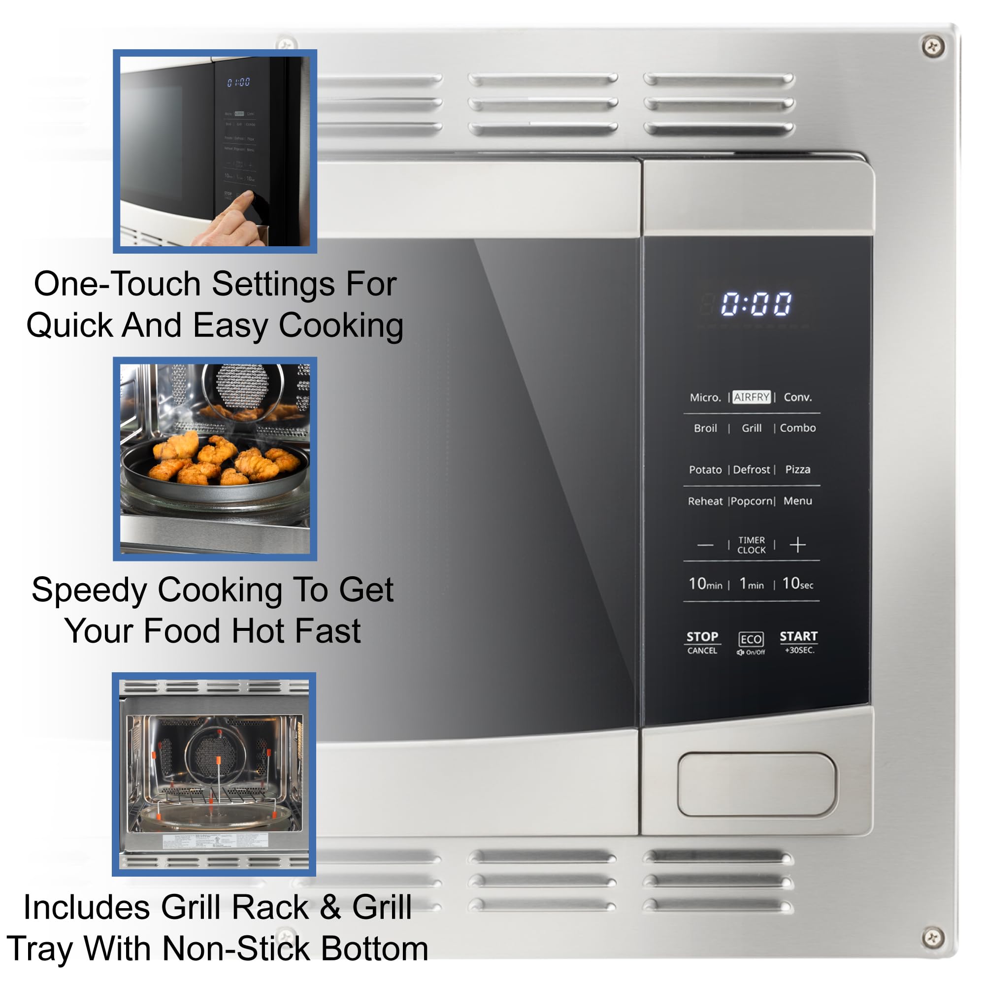 RecPro RV Kitchen Air Fryer & Convection Microwave with Trim Kit | 1.0 Cu. Ft. | 120V | 6 Cooking Modes (Stainless Steel)