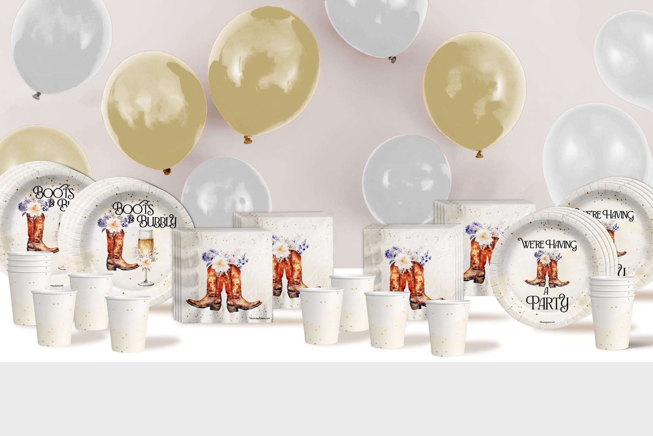 Birthday Galore Boot and Bubbly Bridal Shower Party Supplies 64 Piece Tableware Set Includes Large 9" Paper Plates Dessert Plates, Cups and Napkins Kit for 16