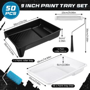 Geelin 50 Pcs 9 Inch Paint Tray Liner Paint Roller Tray 48 Pcs Disposable Paint Pan Tray Paint Roller Frame with Handle for Home Walls Furniture Household Painting Improvement Supplies