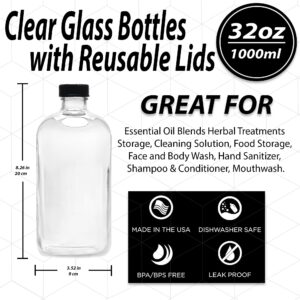 (2 Pack) - 32 oz Clear Glass Boston Round Bottles with Black 33-400 Airtight Phenolic Polycone Caps - Perfect Glass Containers for Secondary Fermentation, Storing condiment, Homemade Essential Oils