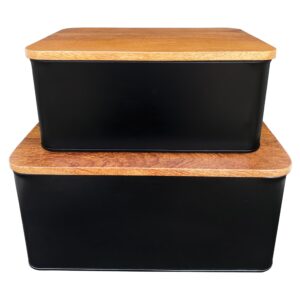 Bloomingville Metal Containers with Mango Wood Lids, Black and Walnut, Set of 2