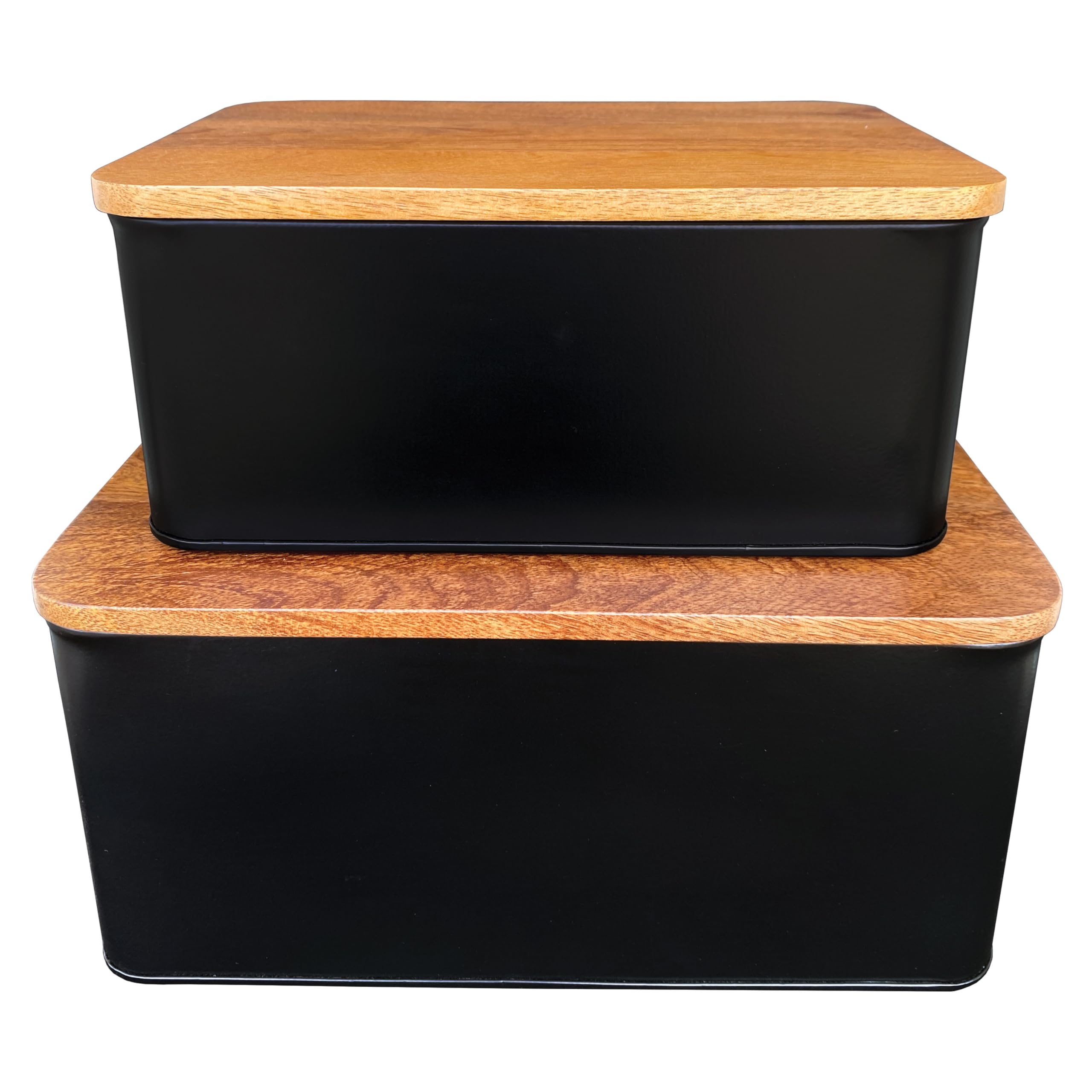 Bloomingville Metal Containers with Mango Wood Lids, Black and Walnut, Set of 2